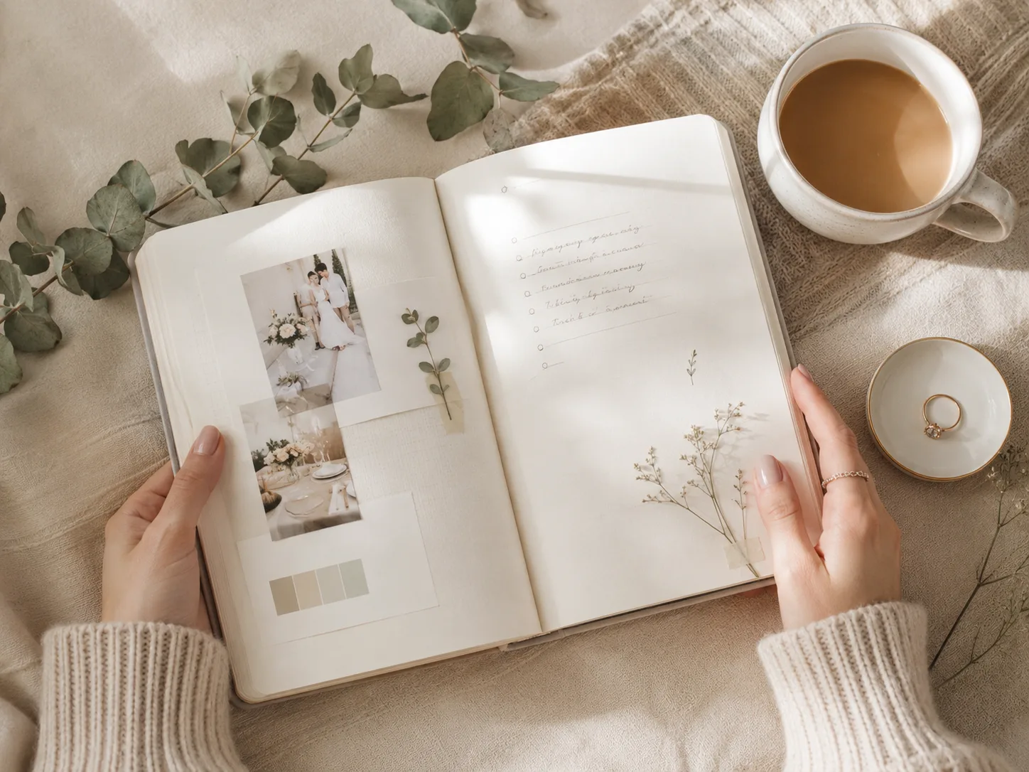 Hände halten ein aufgeschlagenes Hochzeits-Planungsnotizbuch, daneben Kaffee, Eukalyptus und der Verlobungsring
