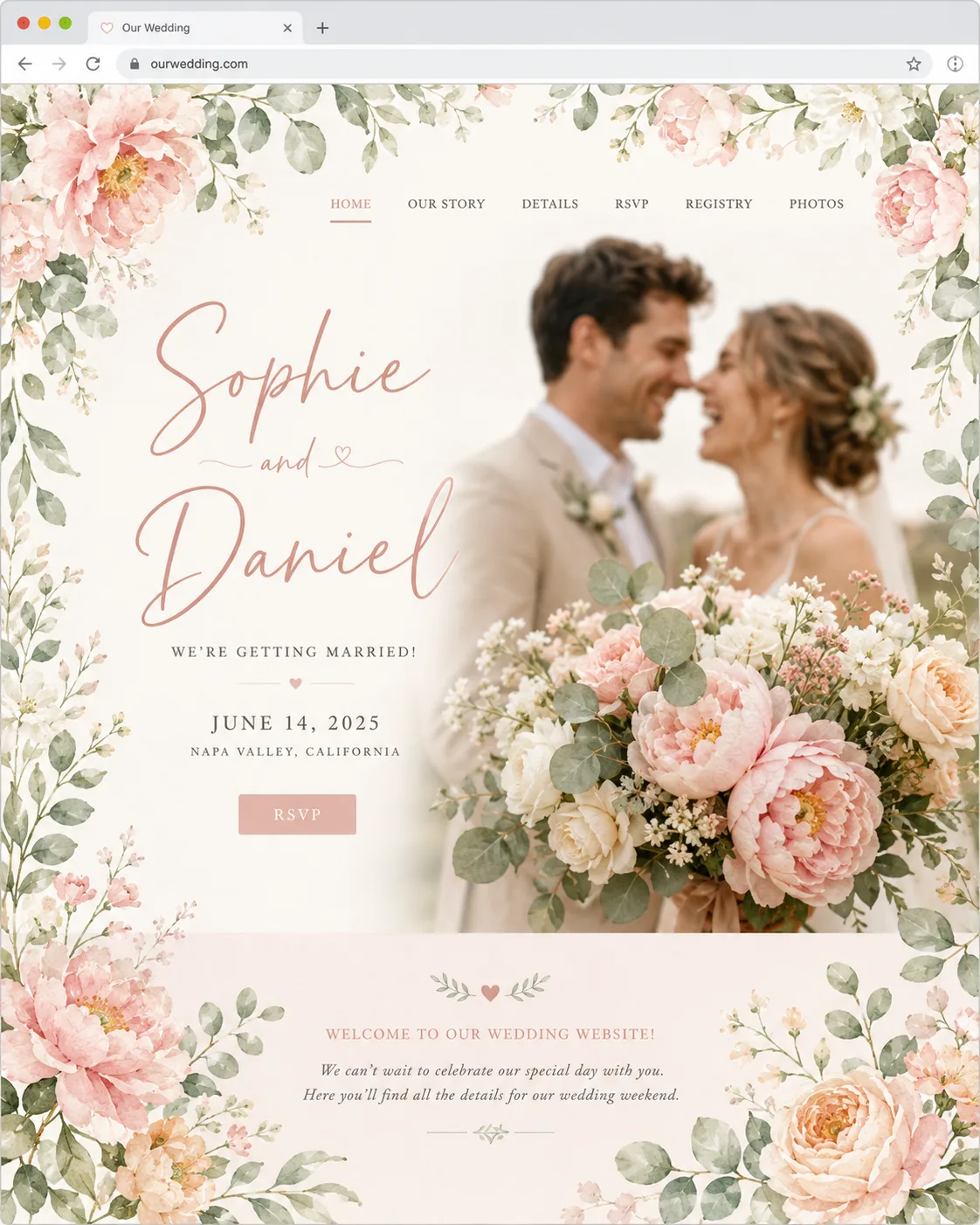Hochzeitswebsite im floralen Design: Aquarell-Blumenranken, handschriftliche Überschrift und Brautstrauß aus Pfingstrosen
