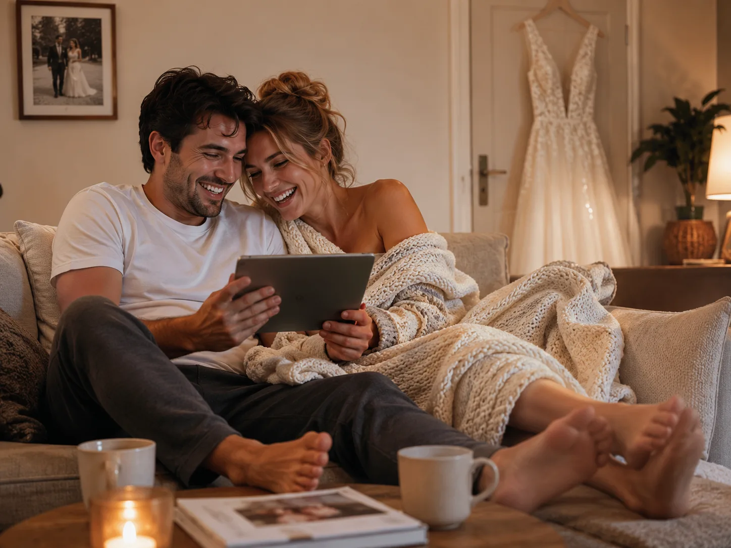Paar auf dem Sofa in eine Decke gekuschelt, lacht beim Anschauen der Fotogalerie auf dem Tablet, im Hintergrund hängt das Brautkleid