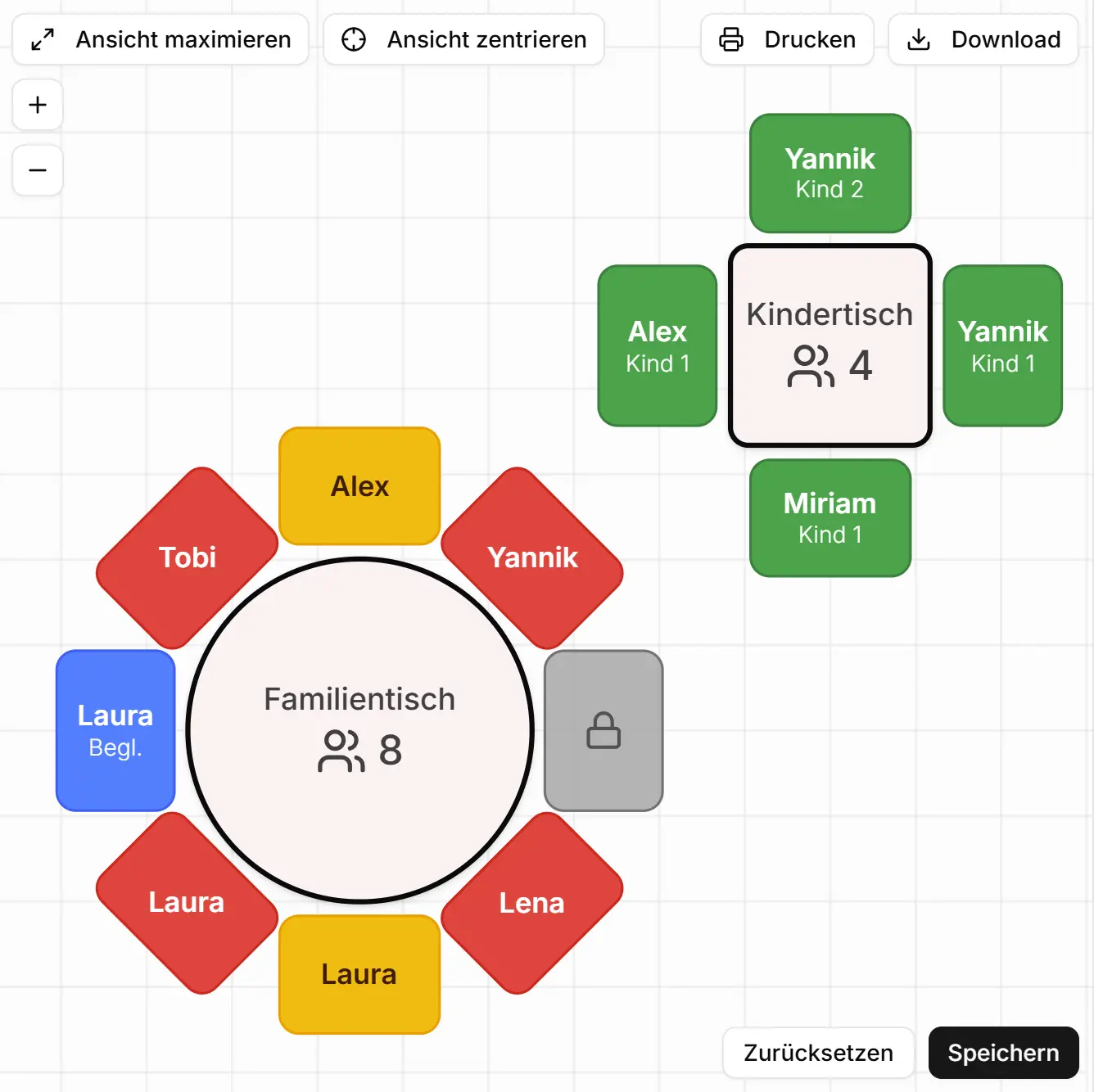 Sitzplan-Editor von jagesagt.com: runder Familientisch mit acht Plätzen und eckiger Kindertisch auf der Planungsfläche, mit Zoom-, Druck- und Download-Buttons
