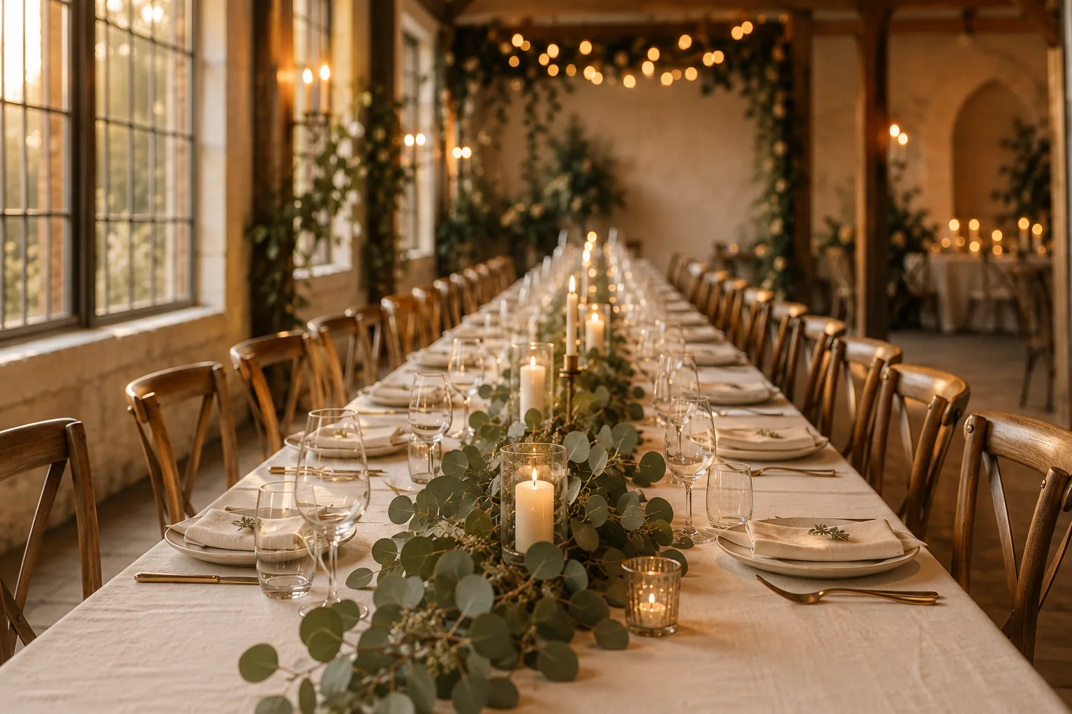 Lange festlich gedeckte Hochzeitstafel mit weißem Leinen, Kerzen und Eukalyptus, von einem Ende aus fotografiert, im warmen Abendlicht