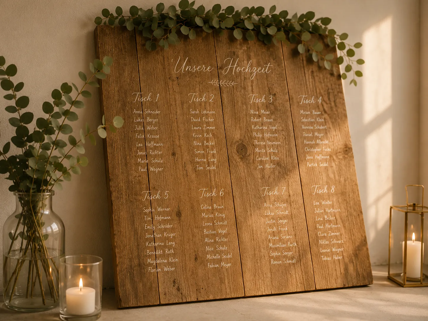 Großes Sitzplan-Schild aus Holzbrettern mit Eukalyptusgirlande, an eine helle Wand gelehnt, daneben Kerzen und eine Vase
