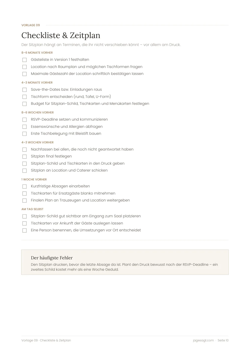 Vorlagenseite mit Checkliste und Zeitplan von acht Monaten vor der Hochzeit bis zum Hochzeitstag