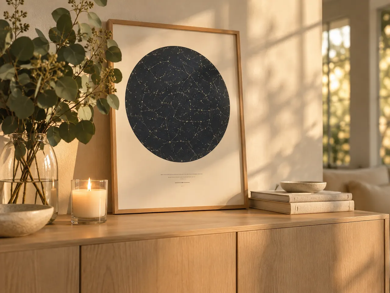 Gerahmtes Sternenhimmel-Poster als Verlobungsgeschenk auf einem Sideboard, daneben Eukalyptus und eine brennende Kerze