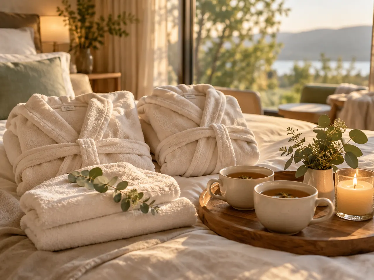 Zwei Bademäntel und Tee auf einem Hotelbett als Wellness-Auszeit für das verlobte Paar