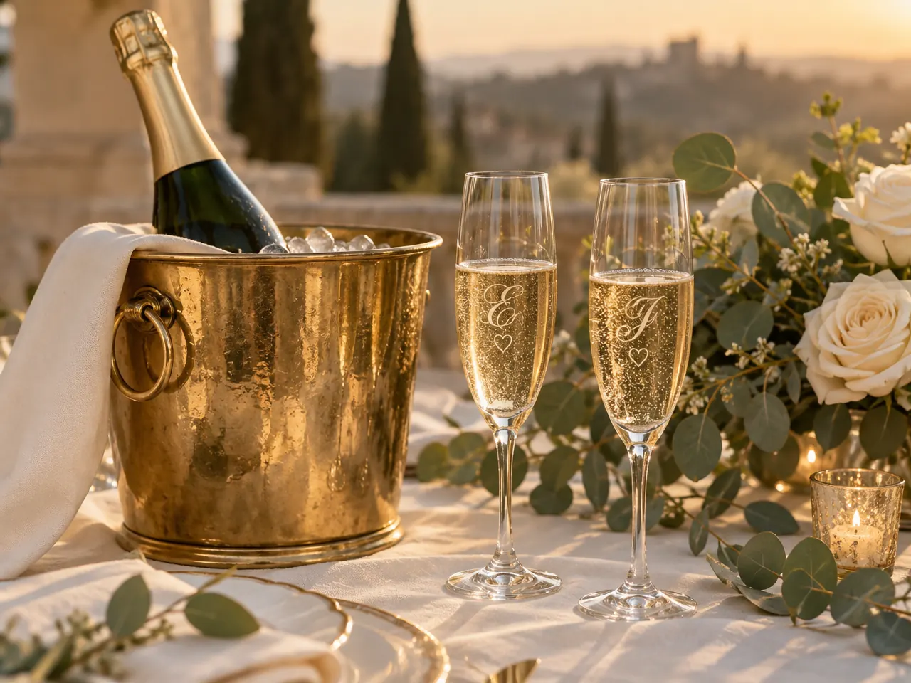 Zwei Sektgläser mit gravierten Initialen und Herz neben Champagner im goldenen Kühler