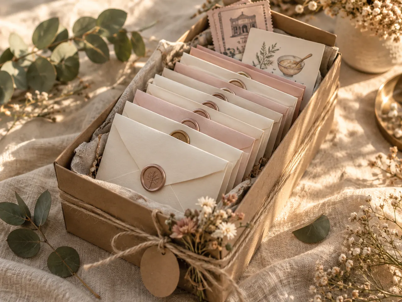 Selbstgemachte Date-Box mit Umschlägen und Wachssiegeln als Verlobungsgeschenk zum Selbermachen