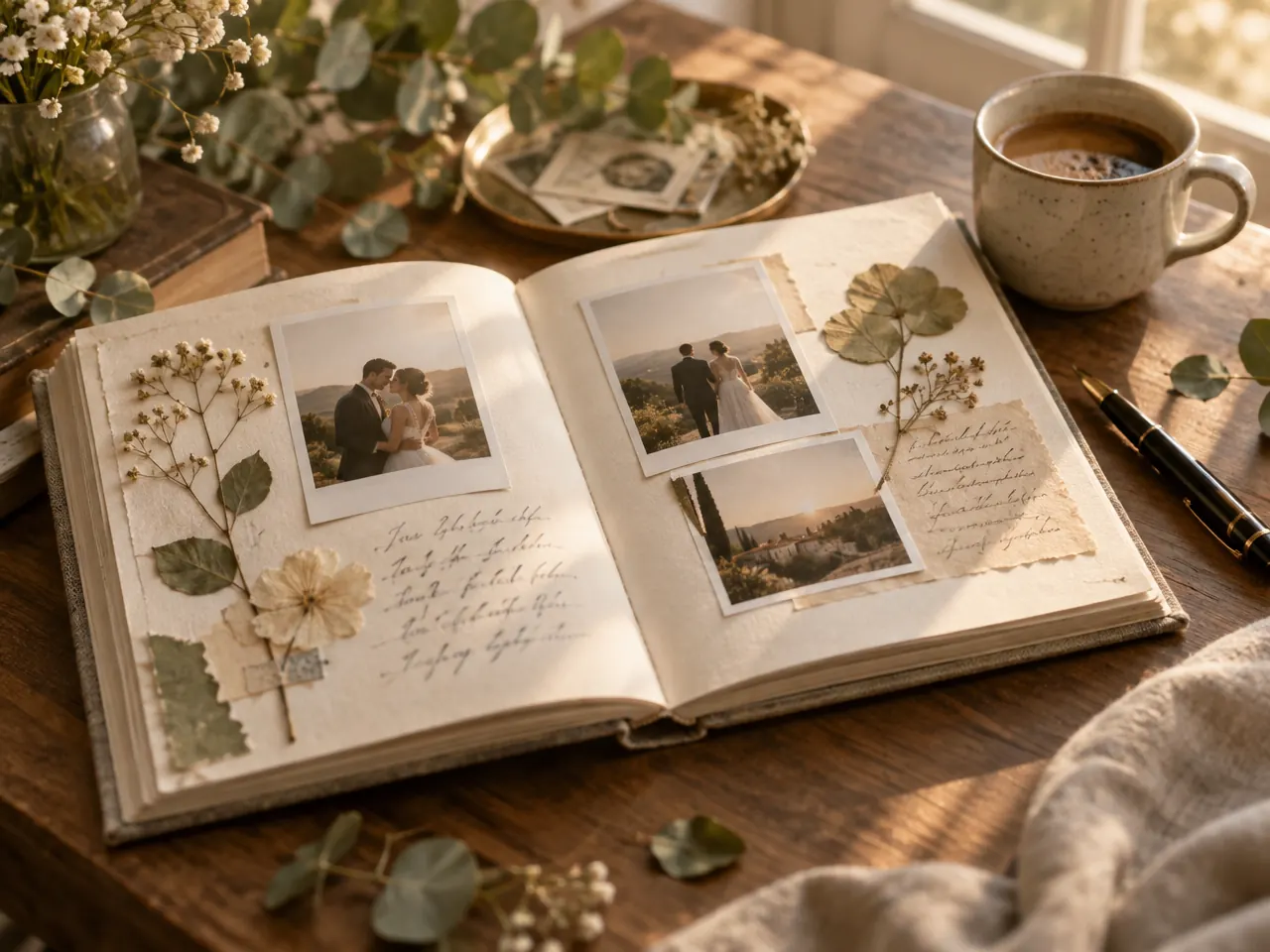 Aufgeschlagenes Erinnerungsalbum mit Paarfotos, gepressten Blumen und handschriftlichen Notizen
