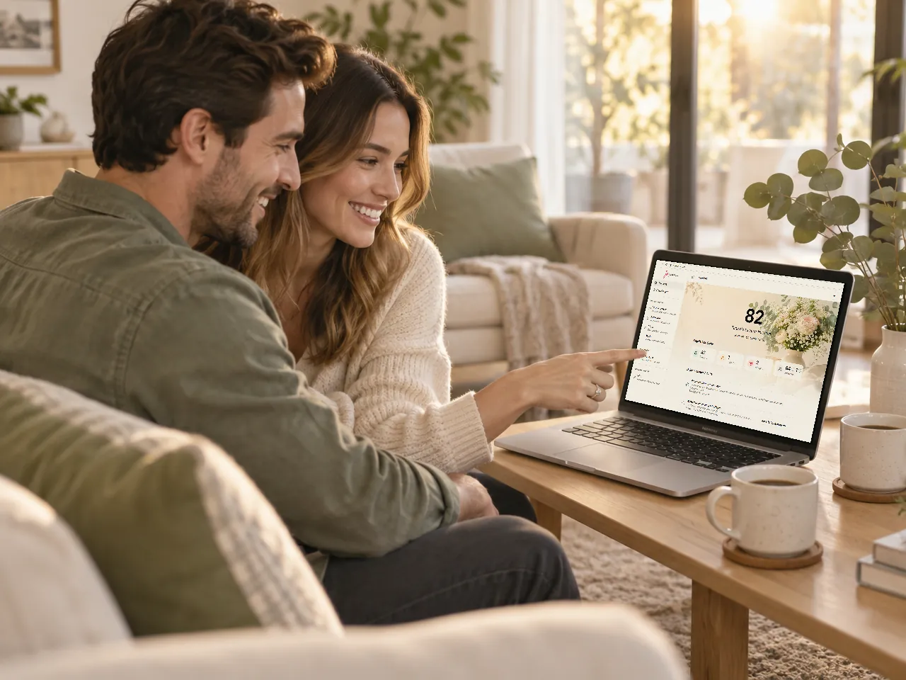 Frisch verlobtes Paar sitzt auf dem Sofa und plant am Laptop die Hochzeit mit jagesagt.com