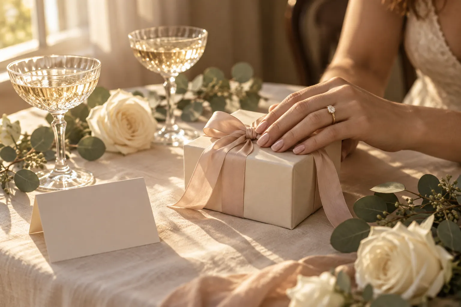 Verlobungsgeschenk mit Schleife auf einem Leinentisch, daneben Champagnerschalen, weiße Rosen, Eukalyptus und eine Hand mit Verlobungsring