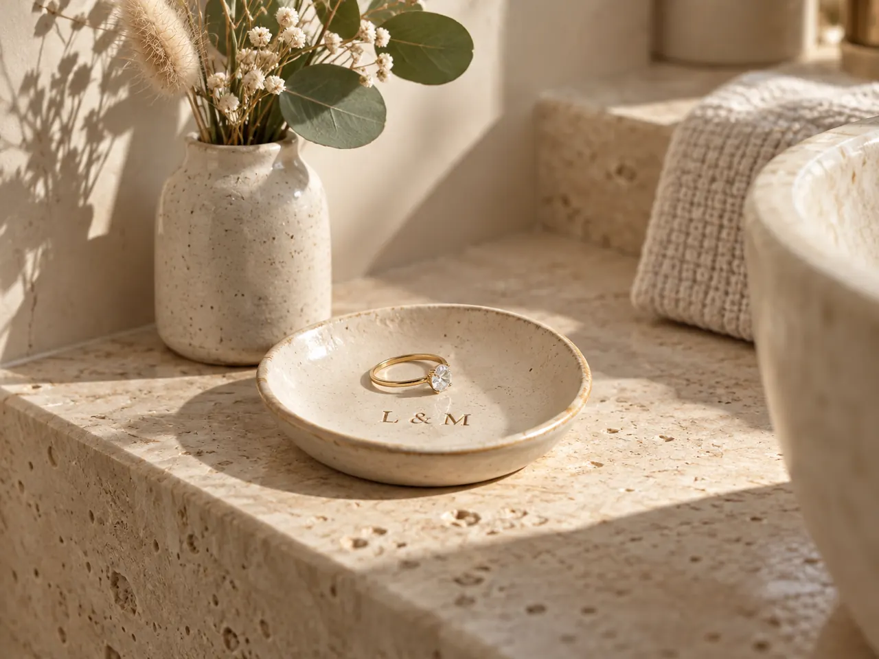Keramik-Ringschale mit Gravur der Initialen L & M, darin ein goldener Verlobungsring